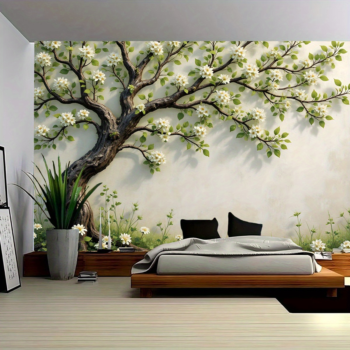Interior Design Zen - 3D bloeiende boom muurschildering voor slaapkamer